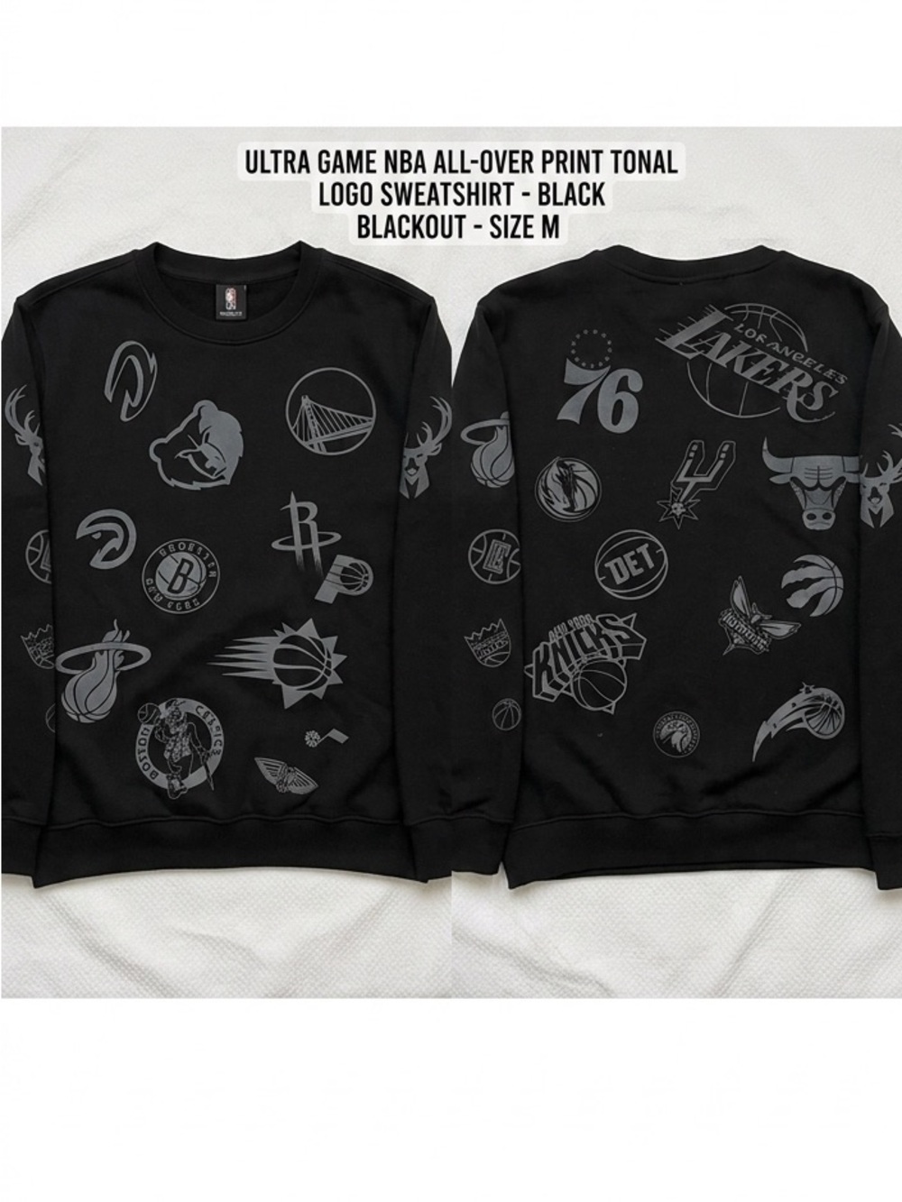 Ultra Game NBA All-Over Print Tonal Logo Sweatshirt Black Blackout Size M